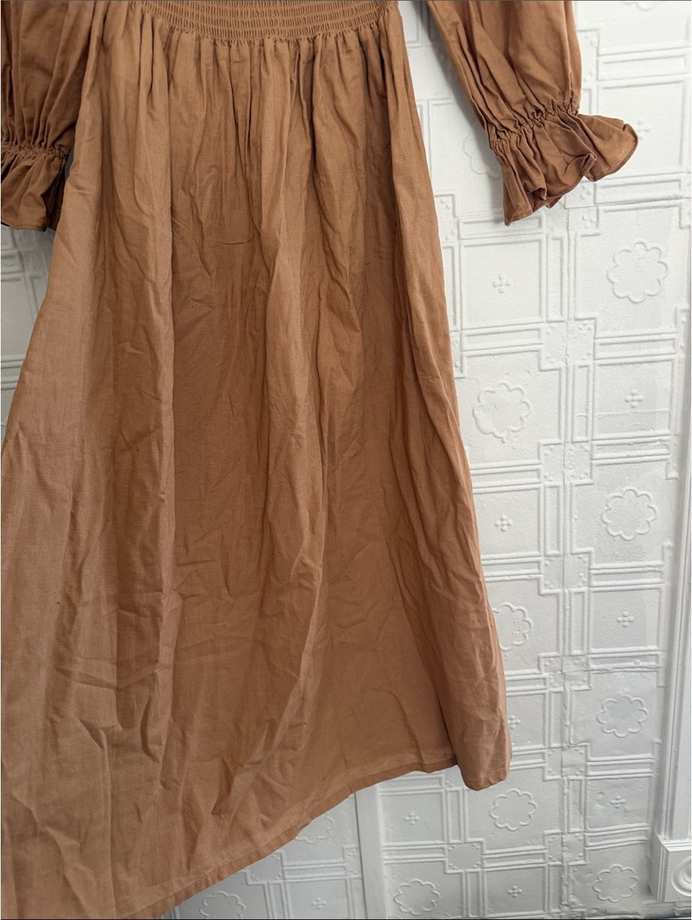 Petal + Pup Brown Linen Blend Smocked Midi Dress Puff Sleeve Size L Cottagescore - Picture 4 of 10